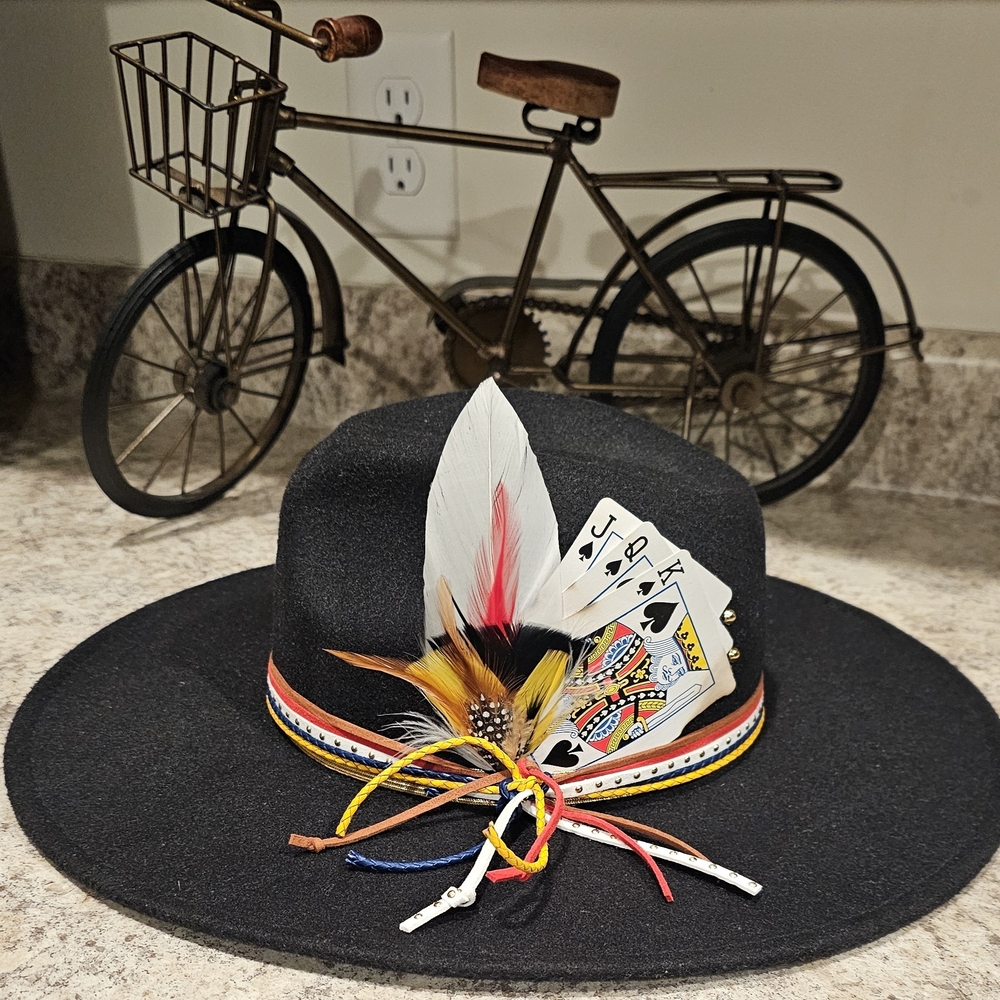 Black Felt Fedora Hat with Colorful Feather & Playing Card Accent